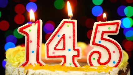 Number 145 Happy Birthday Cake With Burning Candles Topper.