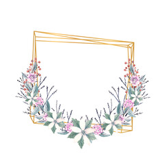 Winter watercolor in a gold polygonal frame with sprigs of snow berries and poinsettia flowers. Hand-drawn illustration. For invitations, greeting cards, prints, posters, advertising.