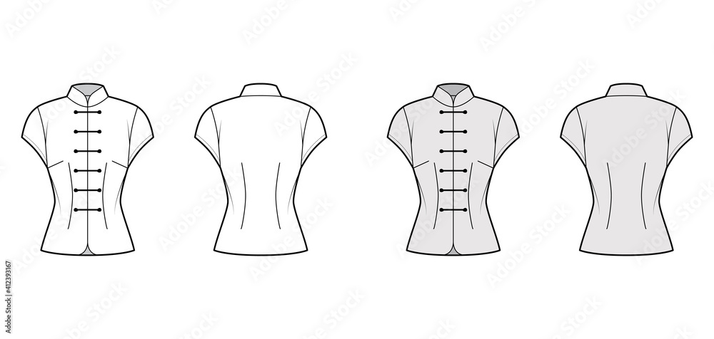 Sticker Mandarin blouse technical fashion illustration with cap sleeves, stand neck, fitted body, Frog closure. Flat Chinese oriental apparel top template front, back, white, grey color. Women, men CAD mockup