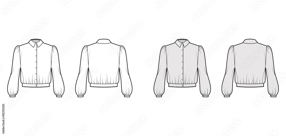 Wall mural Blouson blouse technical fashion illustration with bouffant long sleeves, classic shirt neck, oversized, button up. Flat apparel top template front, back white grey color. Women, men unisex CAD mockup