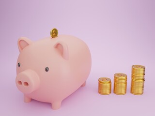 Piggy bank There are gold coins arranged in order of pink background 3d rendering.