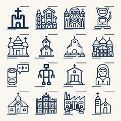 Simple set of abbey related lineal icons.
