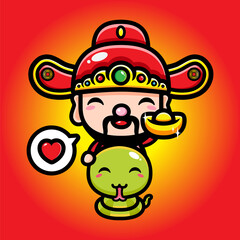 cute snake animal cartoon character riding the god of wealth / cai shen