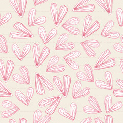 seamless valentine day pattern background with doodle pink heart sticker on lined paper