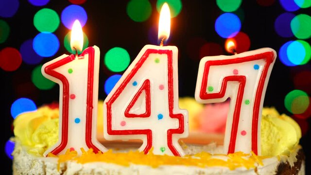 Number 147 Happy Birthday Cake With Burning Candles Topper.