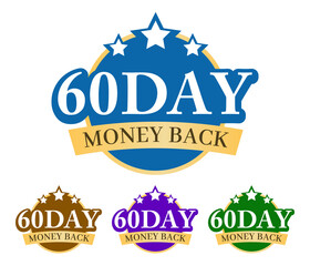 60 Day money back 3D badge, label, sticker with simple ribbon and stars on top. Golden, green, blue, and purple color variant isolated on white background