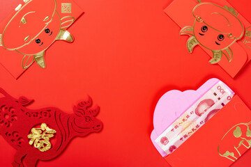 red pockets with Chinese currency for the year Ox and the Chinese means luck and fortune