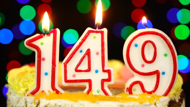 Number 149 Happy Birthday Cake With Burning Candles Topper.