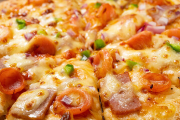 side view fresh pizza with bacon toppings selective focus