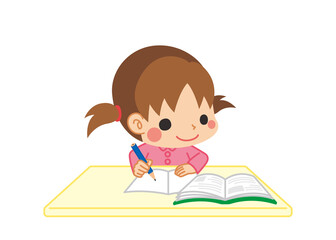 教室の机と椅子にきちんと座って学校の授業を受ける可愛い小学生の女の子のイラスト Wall Mural ぽこたぽこ