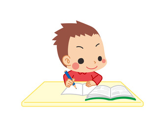 教科書を読みながらノートに書き記して勉強している可愛い小さな男の子のイラスト　家庭学習