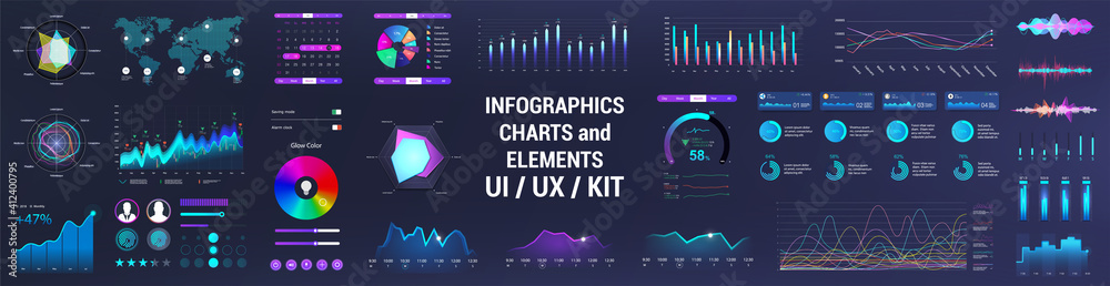 Poster Colorful UI, UX, GUI interface elements collection. Dashboard User Interface elements. Graphics collection - charts, infographic, diagrams, graphic for UI, UX or Web and Mobile Phone App. Vector set
