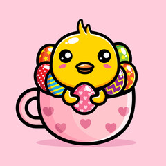 cute chicken cartoon vector design with cup containing lots of eggs on happy easter day