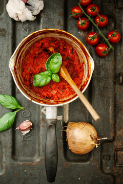 Homemade tomato and basil sauce.