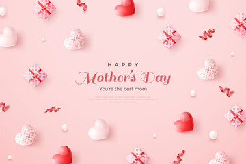 Mother's day background with balloons and gift boxes scattered.