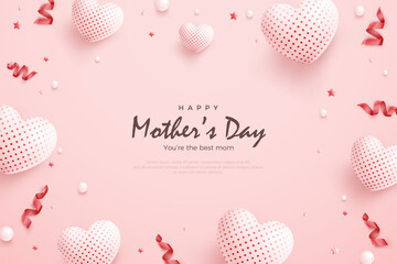 Mother's day background with white balloons and red ribbon.