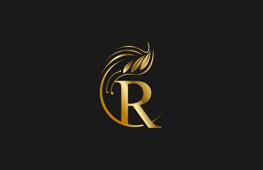 Golden Letter R Typography FLourishes Rounded Logogram Beauty Logo - obrazy, fototapety, plakaty