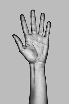 Hand making the number five sign. Black and white photo.