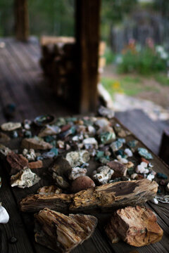 Collection of rocks and geodes at a cabin in rural Idaho
