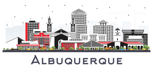 Obraz premium Albuquerque New Mexico City Skyline with Color Buildings Isolated on White.
