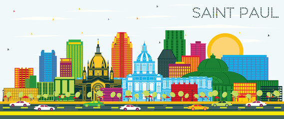 Saint Paul Minnesota City Skyline with Color Buildings and Blue Sky.