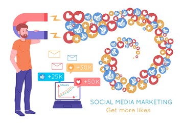Fototapeta na wymiar Smm, social media marketing, digital promotion on the internet, social network. Smm agency banner. Man attracts hearts and likes with a magnet. Cartoon vector illustration for advertising services.