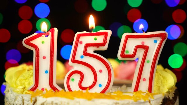 Number 157 Happy Birthday Cake With Burning Candles Topper.