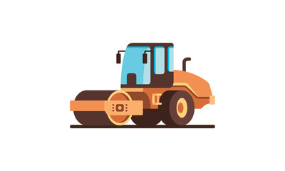 construction heavy machinery equipment yellow road roller flat vector object illustration isolated on white background