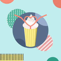 Ice cream cup with straw is in the shape of heart. Vector illustration in flat cartoon design. Concept Valentine’s day. Romantic relationship. 