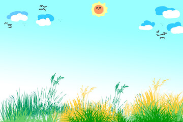 Cartoon nature landscape with sunrise with birds in the sky and grass vector