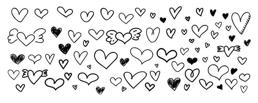 Doodle heart vector. Big set of hand drawn hearts shape isolated on white background