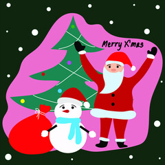 Merry Christmas Vector with Santa Claus pine tree, snowman and gift bag, Christmas background.