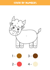 Color cute bull by numbers. Farm animal worksheet.