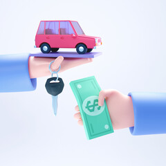 Hand hold tiny car, keys and money. Automobile dealer, buy or rent car. Modern 3d illustration