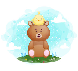 Cute bear and a chicks cartoon character. cartoon illustration Premium Vector