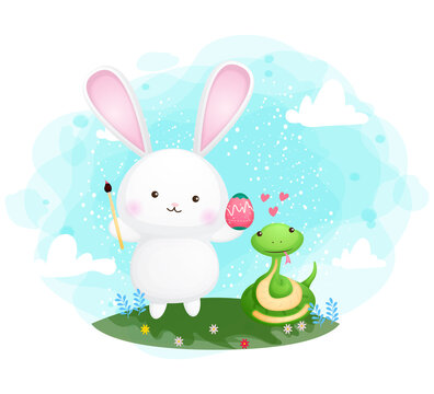 Cute bunny and snake easter day celebration cartoon character illustration Premium Vector