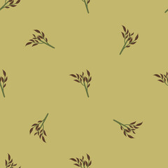 Seamless nature pattern with floral brown leaf branches shapes. Green olive pale background. Doodle print.