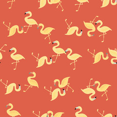 Seamless tropic wildlife pattern with yellow flamingo shapes print. Red pastel background. Animal backdrop.