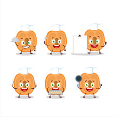 Cartoon character of slice of apricot with various chef emoticons