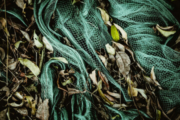 Close-up view of green nylon multi colorful bright fish nets in a pile of dry leaves in fishing village. Still life background pattern. Hobby fishing concept. Copy space. Autumn mood collection