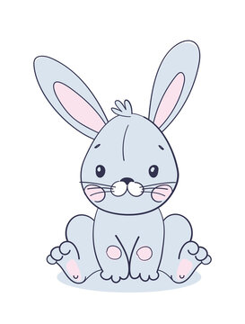 Sitting sweet blue bunny, toy or doll for Easter. Cute animal for Valentine s Day. Vector illustration for baby design on a white background, flat cartoon design