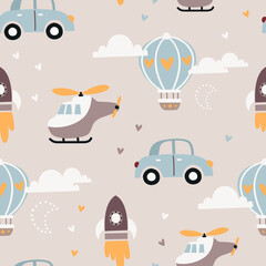 Baby seamless pattern with cars, balloons and rockets. © nafanya241