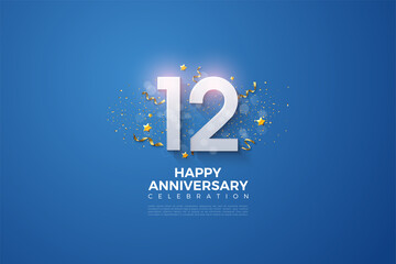 12th Anniversary with numbers and festive party on navy blue background.