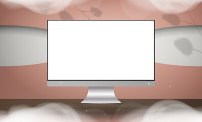 A monitor with a white screen stands on a wooden table. A pink room with a stylish design. Ready banner for your advertisement. Vector illustration. Realistic style.