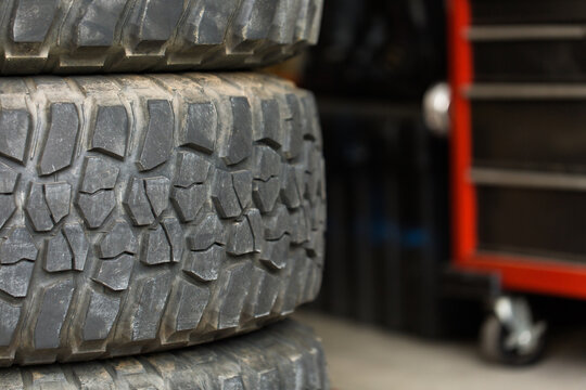 Close up of used off road vehicle tires