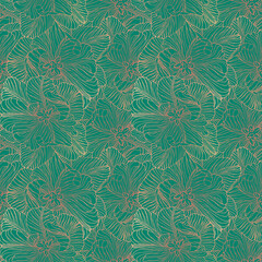 Turquoise-green seamless stylized floral pattern with light streaks. Blooming double tulips. Beautiful organic background for wrappers, packaging, different designs.