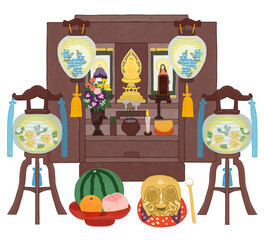 仏壇と提灯とお供え物　お盆
