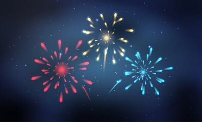 Colorful fireworks on the starry dark blue sky. Realistic vector.