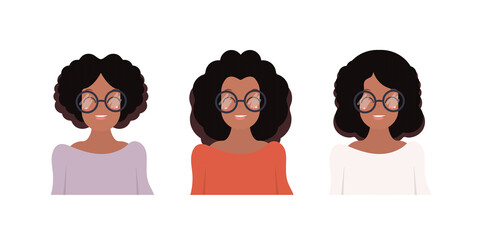 Set of African American girls with glasses. A dark-skinned cute girl with black curly hair. Cartoon style. Vector illustration. Isolated on white background.