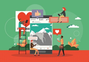 Social media concept vector illustration. People use social media mobile apps and services. Flat design banner for web, marketing material, online advertising